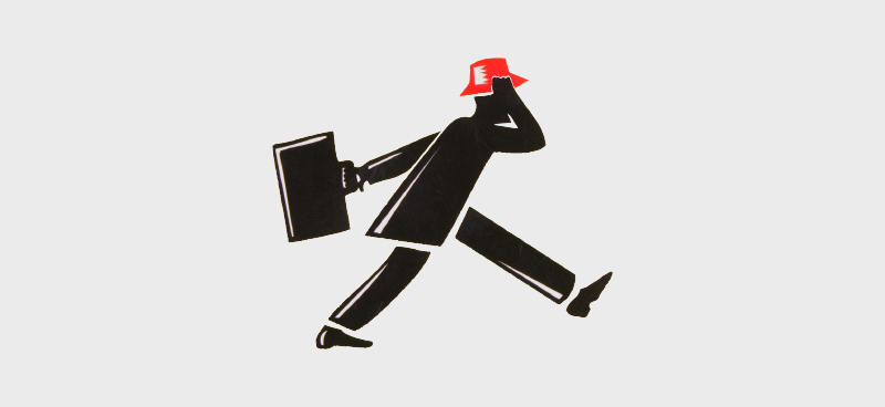 A modified piece of clip art of a man holding a briefcase walking while holding a red fedora on his head.