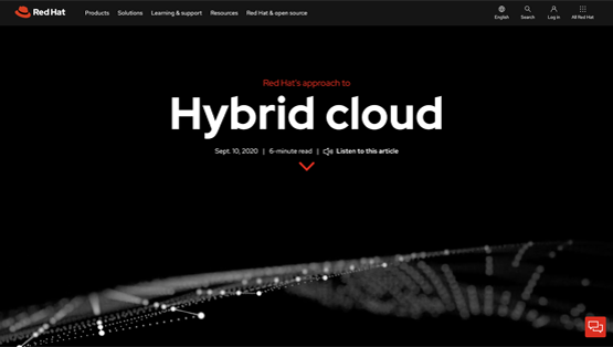 Screenshot of Red Hat approach to hybrid cloud webpage.