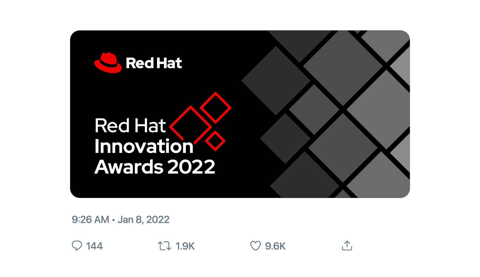 Social media post that features a pattern, the Red Hat logo, and the Red Hat Innovation Awards 2022 initiative logo.