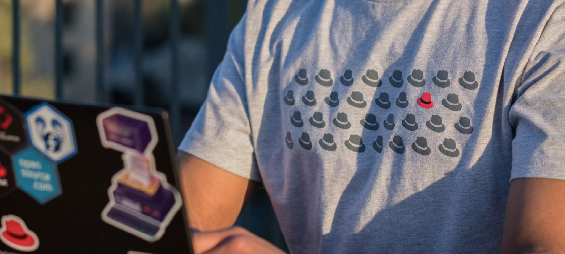 Photograph of a person wearing a t-shirt featuring a pattern of hats.