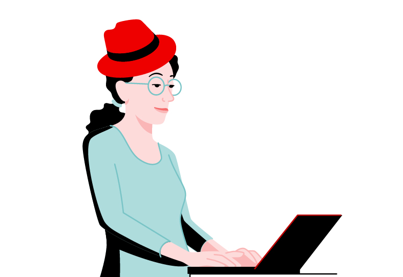 An illustrated woman in blue wearing the hat on her head.