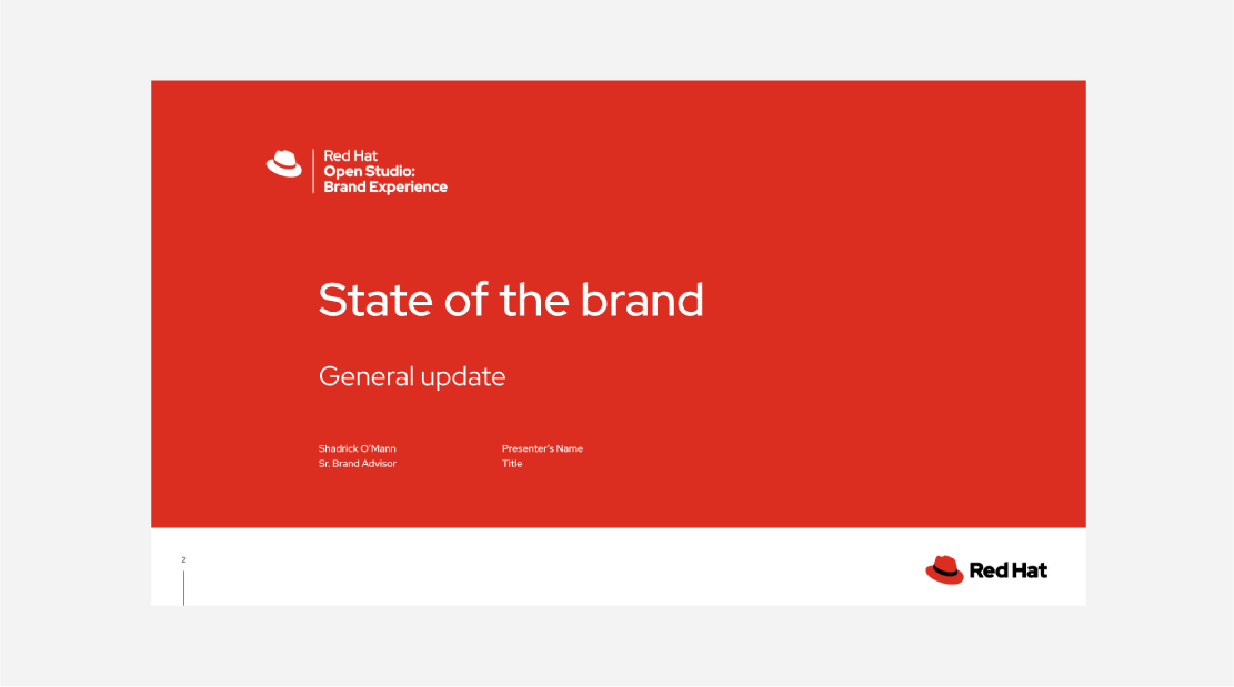 Screenshot of a presentation slide featuring the Red Hat Open Studio: Brand Experience universal logo in the top left.