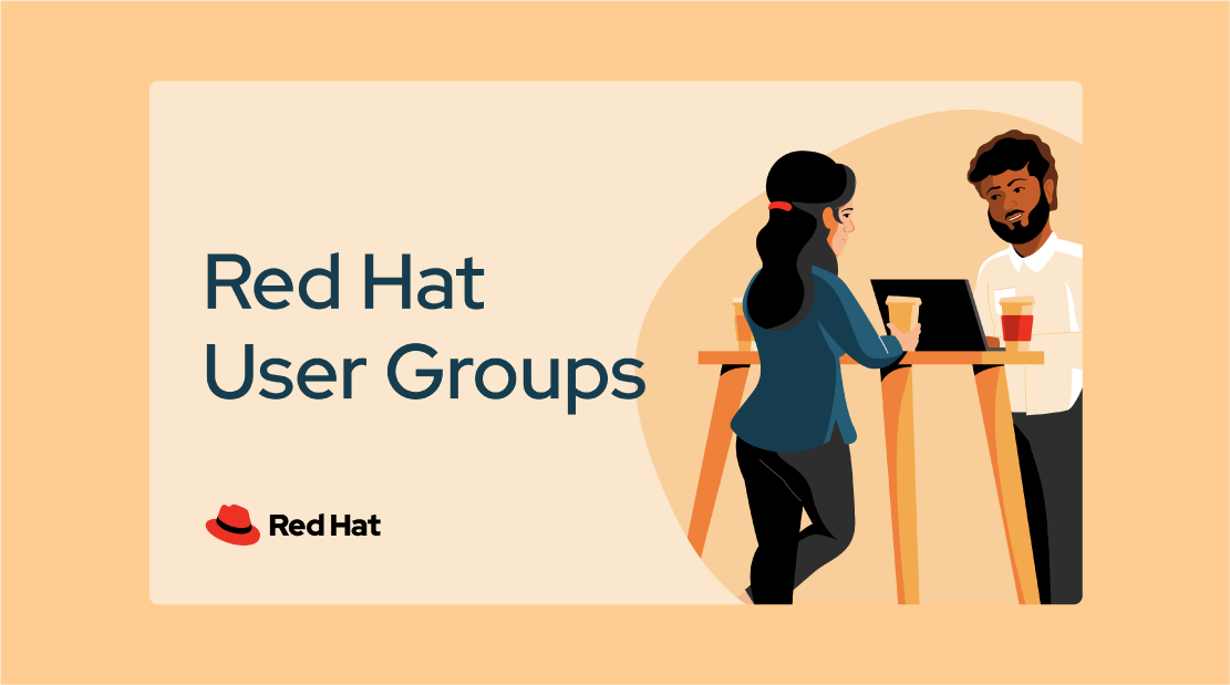 Social media image with Red Hat User Groups written in our font with the Red Hat logo below it.