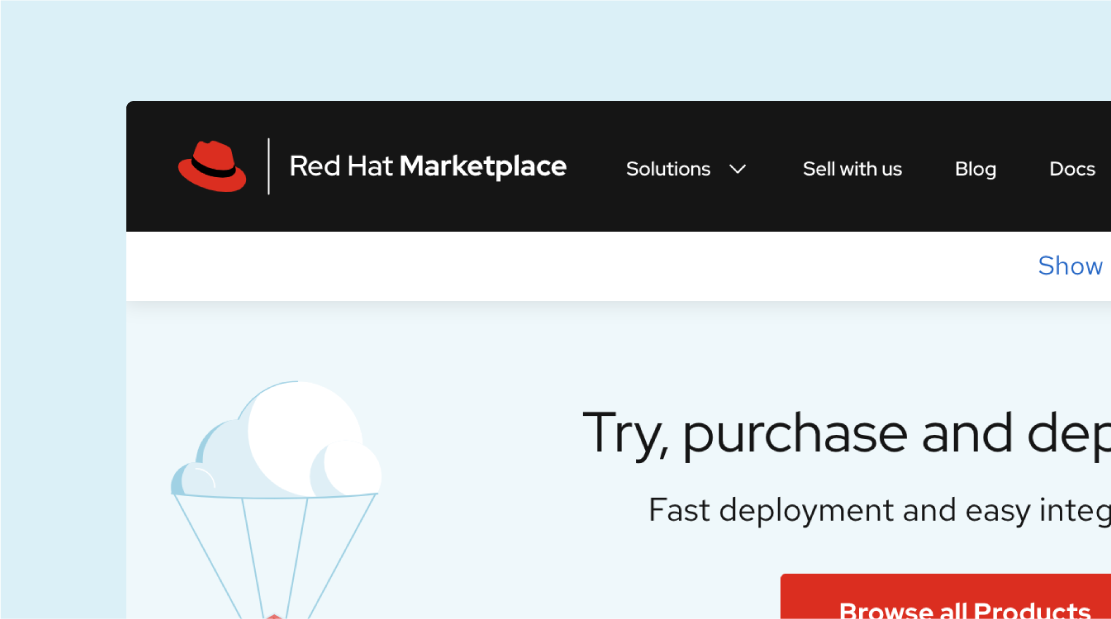 Screenshot of Red Hat Marketplace showing the one line Marketplace universal logo in the website navigation menu.